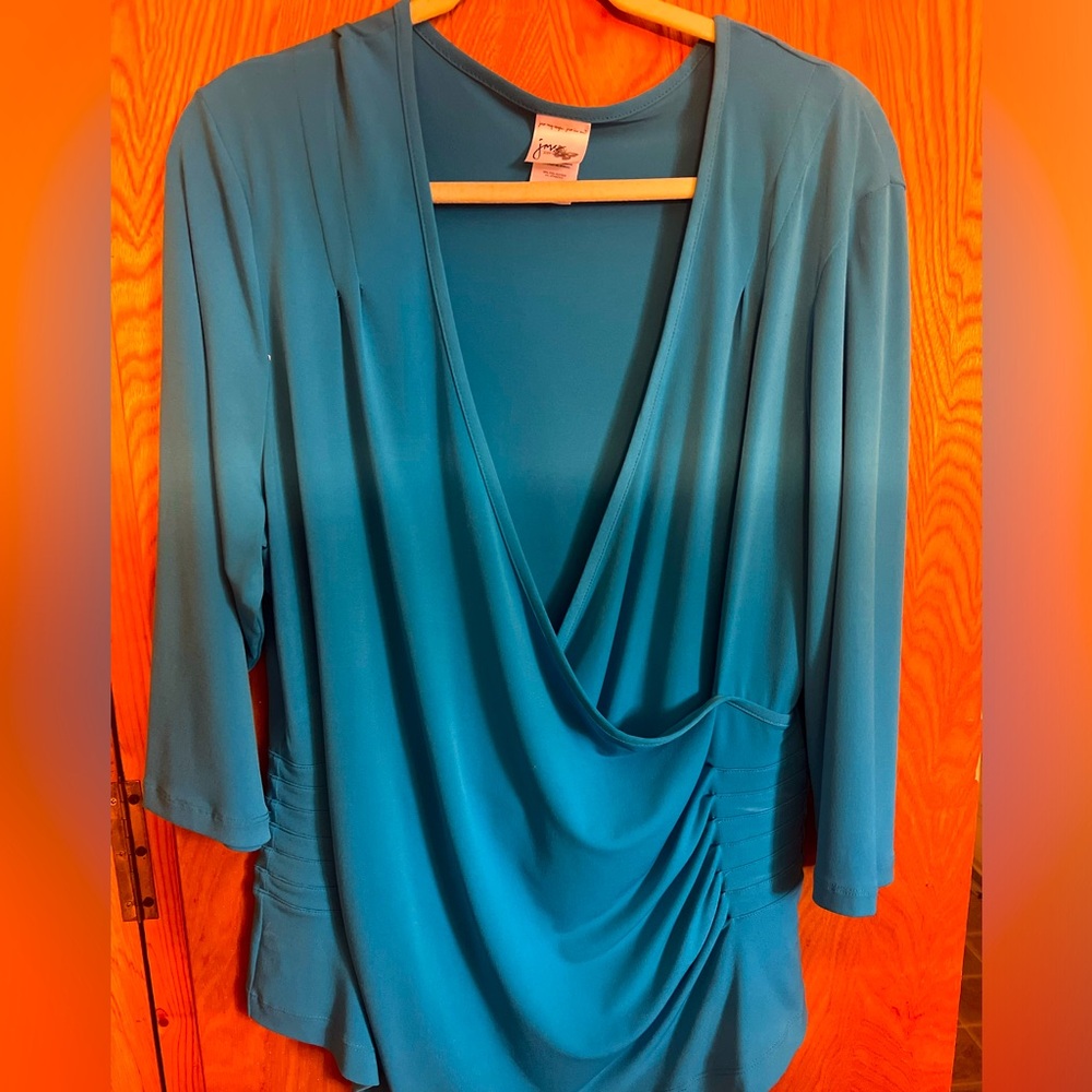 New without tags blue/aqua Wrap Blouse with Asymmetrical Ruched Design